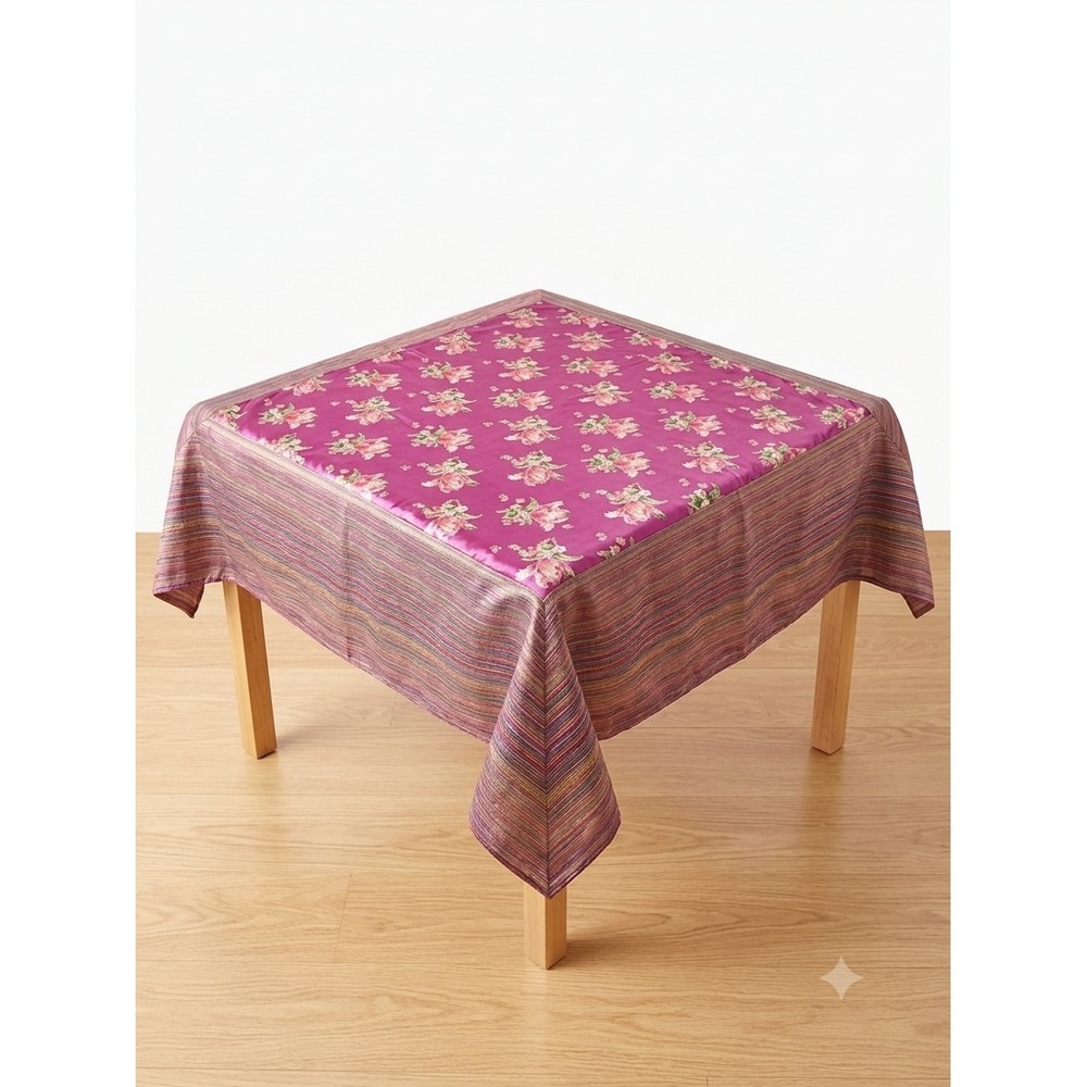 April Cornell Auberge Collection Pink Floral Striped Square Tablecloth Rayon